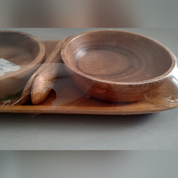 Wood Tray With Spoons  Condiments Server Platter Style  3 Containers  New - Picture 3 of 6